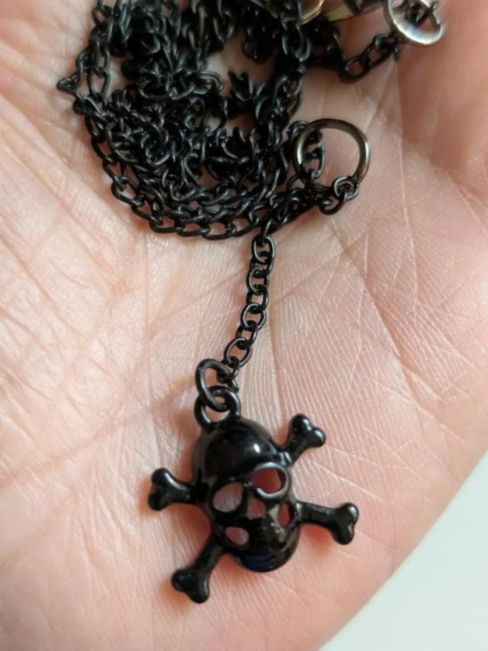 Vintage Halloween Enamel Black Skull & Cross Bone Pendant Necklace